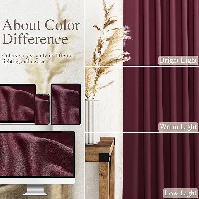 Nanspring Burgundy Linen Curtains 84 Inch Length 2 Panels Set for Living Room Rod Pocket Back Tab Light Filtering Window Drapes for Bedroom Dining Room Protect Privacy Modern Farmhouse Decor 52x84