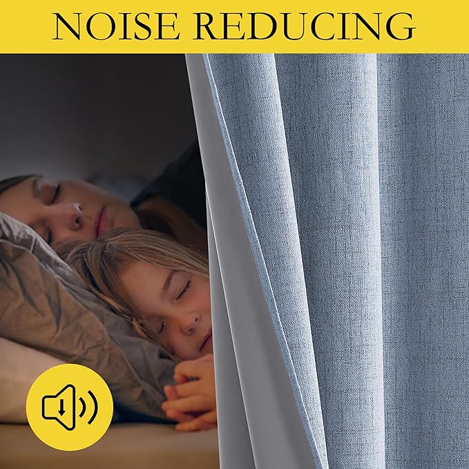 NICETOWN Stone Blue Vintage Linen 100% Blackout Curtains for Living Room, Thermal Insulated Curtains 45" Long, Noise Reducing Window Treatment Drapes for Hall Room, 52" Wide Per Panel, Set of 2