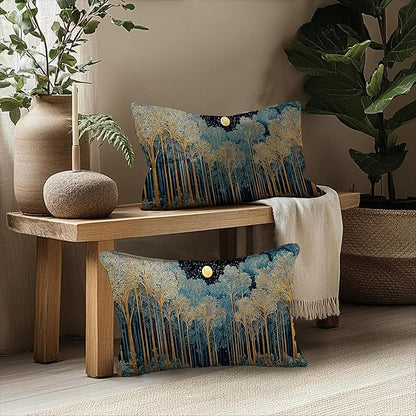 Rustic William Morris Inspired Forest Green Moon Decor Pillow Covers 12x20 Set of 2,Vintage Night Moon Botanical Nature Landscape Decorative Throw Pillow Covers for Home Bedroom Living Room