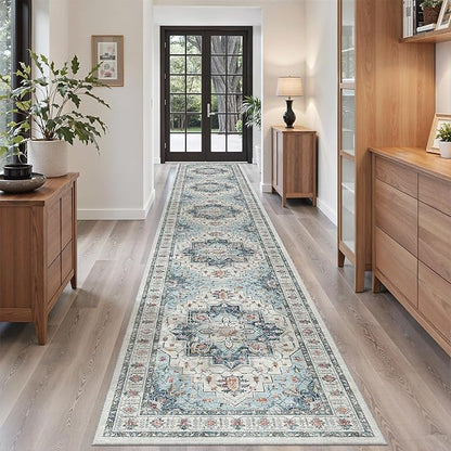Madane Hallway Runner Rug 2'6''x14' Kitchen Runner, Non Slip Vintage Runners for Hallways Washable Kitchen Rugs Soft Low Pile 2.5x14 ft Rug Runner for Laundry Room, Entryway and Bedroom, Blue