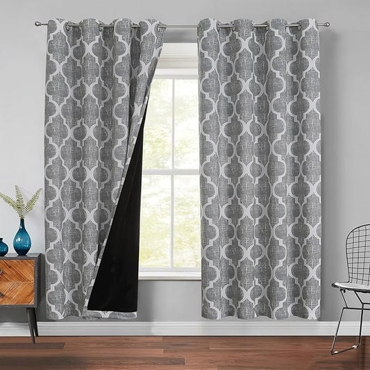 Beauoop 100% Blackout Curtains 72 Inches Long 2 Panels for Bedroom Living Room Grey Moroccan Geo Room Darkening Thermal Insulated Soundproof Grommet Top Window Treatments Drapes, 50x72 Set of 2