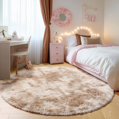 ONASAR Tie-Dye Beige Round Area Rugs 5ft, Soft Bedroom Circle Rug Floor Mats for Kids Girls Teen Room, Kawaii Fluffy Plush Shaggy Carpet for Baby Nursery Living Room Playroom Home Decor