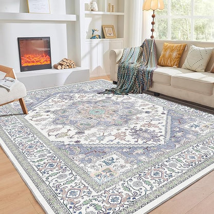 OPPODREAM Soft Area Rugs 5x7, 5x7 Washable Rug with Non Slip Backing, 5 x 7 Faux Cashmere Low-Pile Carpet, Purple & Green & Cream