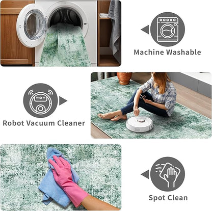 3x10 Washable Runner Rug for Hallway: Non Slip Runners Rugs Easy-to-Clean - Soft Living Room Bedroom Kitchen Carpet - Thin Low Pile Printed Floor Mat for Dining Room Green