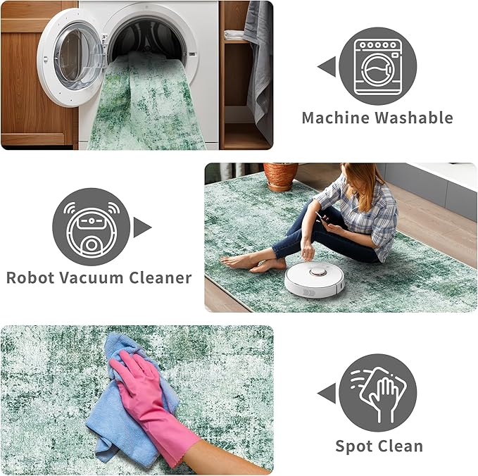 3x6 Washable Entryway Runner Rug: Non Slip Wide Hallway Runners Easy-to-Clean - Soft Living Room Bedroom Kitchen Carpet - Thin Low Pile Printed Floor Mat for Dining Room Green