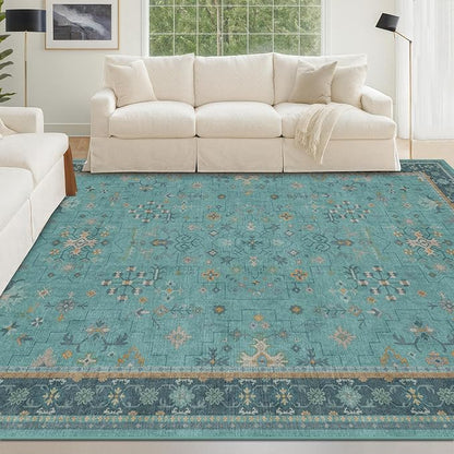 Boho Teal 6x9 Area Rugs for Living Room, Geometric Floral Design Rug for Bedroom, Dining Room - Vintage Turquoise Décor Indoor, Low Pile & Soft Stain Resistant Carpet