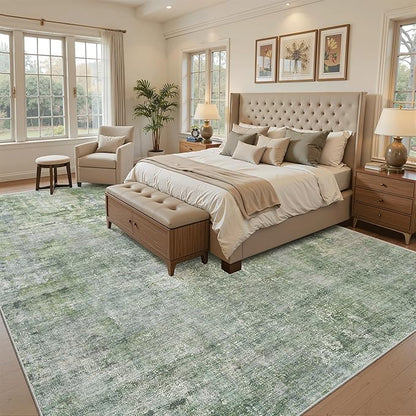 Washable Area Rug 8x12, Large Soft Rugs for Living Room Vintage Green/Ivory Carpet 8x12 Area Rugs for Bedroom Dining Room Non-Slip Stain Resistant Under Table Rug