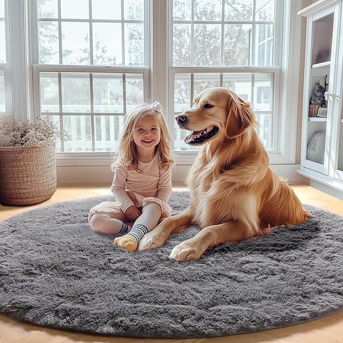 ONASAR Grey Round Area Rugs 6ft, Fluffy Gray Soft Bedroom Circle Rug for Kids Girls Boys Teen Room, Fuzzy Plush Shaggy Floor Carpet Mats for Dorm Nursery Living Room Playroom Home Office Decor