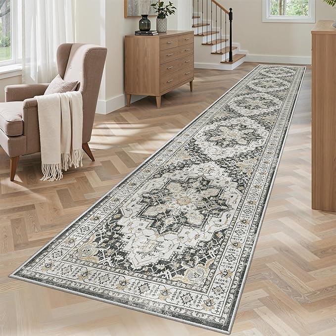 Madane Hallway Runner Rug 2x12, Extra Long Washable Runner Rugs with Rubber Backing, Non Slip Carpet Runner, Vintage Rug Runners for Kitchen Laundry Room Entryway (Black, 2'x12')