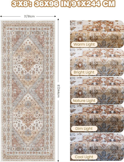 3x8 Runner Rug Non Slip Washable for Entryway, Front Porch, Vintage Hallway Runner for Laundry Room, Bedroom, Stain Resistant Thin Indoor Kitchen Mats for Floor(Orange,3'x8')