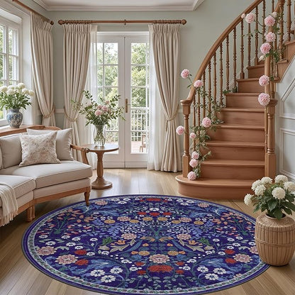 Round Area Rug for Living Room: 6 ft Floral Washable Circle Rug Soft Boho Non-Slip Carpet Indoor Stain Resistant Low Pile Small Circular Rug for Bedroom Entryway Kitchen Nursery Home Office Blue