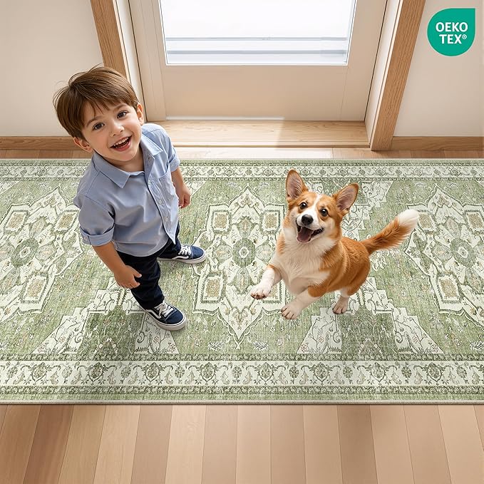 Runner Rug 2x8 Runners for Hallways Non Slip Washable, Vintage Hallway Runner Rugs for Living Room, Low Pile Soft Hallway Rug for Kitchen Bedroom Laundry Room Rug(Light Green,2'x8')