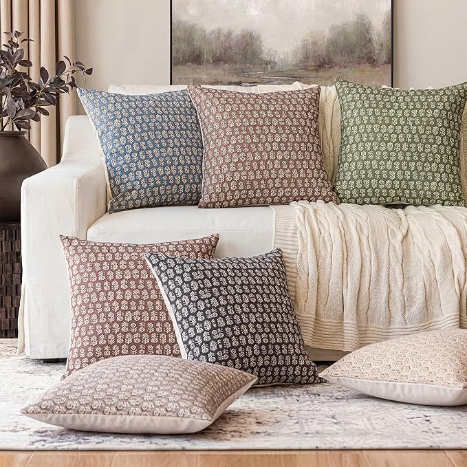 Foindtower Set of 2 Decorative Vintage Floral Print Throw Pillow Covers Neutral Modern Farmhouse Cushion Covers Boho Home Decor for Sofa Chair Couch Bedroom Living Room,18×18 Inch,Tan Taupe