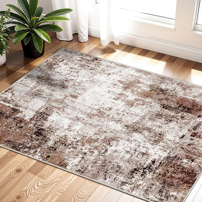 2x3 Small Washable Area Rug: Non-Slip Indoor Door Mat for Entrance Doorway Kitchen Bedroom Living Room - Abstract Farmhouse Throw Rug for Modern Home Decor Brown Khaki White