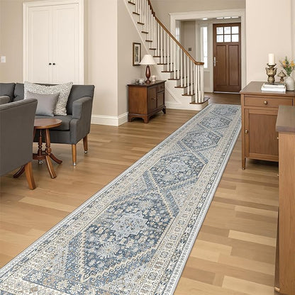 Washable Runner Rug 2.5x14, Non-Slip Long Kitchen Mats for Floor, Vintage Rug for Entryway, Soft Hallway Runner for Dining Room, Bedroom, Living Room(Blue/Beige,2.5'x14')