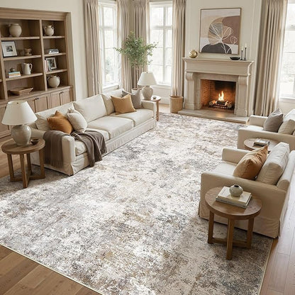UERMEI 10x13 Area Rug Living Room Rugs - Washable Neutral Modern Abstract Soft Thin Rug Indoor Floor No Slip Rug Carpet for Bedroom Under Dining Table Home Office Decor - Brown Grey