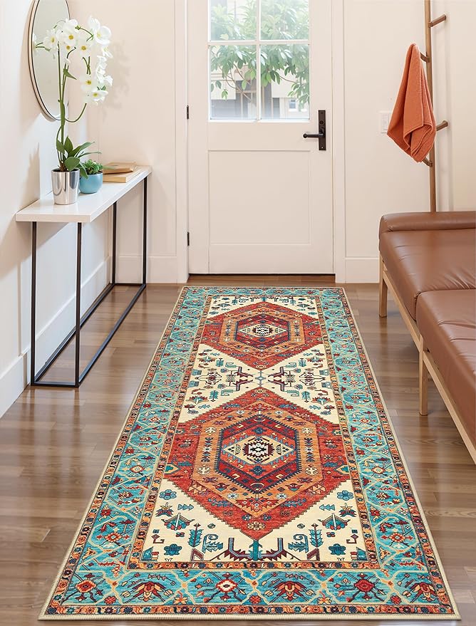 SERISSA Boho Kitchen Runner Rug, 3x7 Washable Non-Slip Runner Rug for Hallways Kitchen Rug, Ultra Soft Vintage Orange Print Distressed Tribal Floor Carpet Runner for Bedroom Entryway Laundry Room