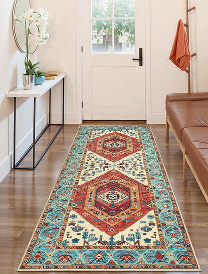 SERISSA Boho Kitchen Runner Rug, 3x7 Washable Non-Slip Runner Rug for Hallways Kitchen Rug, Ultra Soft Vintage Orange Print Distressed Tribal Floor Carpet Runner for Bedroom Entryway Laundry Room