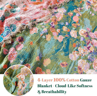 MSGKV Boho Throw Blanket for Bed Cotton Floral Twin Size Couch Blanket 60"x80" Muslin Spring Breathable Lightweight Farmhouse Blankets All Seasons