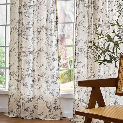 Lazzzy Farmhouse Linen Curtains Black Floral Curtains 96 Inch Length Back Tab Drapes for Living Room Bedroom Light Filtering Country Vintage Rod Pocket Curtain, 2 Panels, Black on Beige