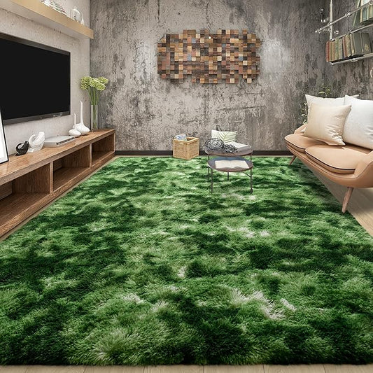 Tepook Fluffy Large Rugs for Living Room, Area Rug 6x9 Soft Carpet for Bedroom, Modern Shaggy Rug for Kids Boys Girls, Plush Indoor Nursery Home Decor Rug with Non-Slip Bottom, Tie-Dyed Dark Green