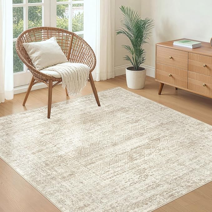 UERMEI Square Area Rugs : Washable 5x5 Neutral Modern Abstract Carpet for Living Room Bedroom - Soft Floor Mat with Non Slip Backing for Kitchen Nursery Dorms Farmhouse Home Decor - Beige/Brown