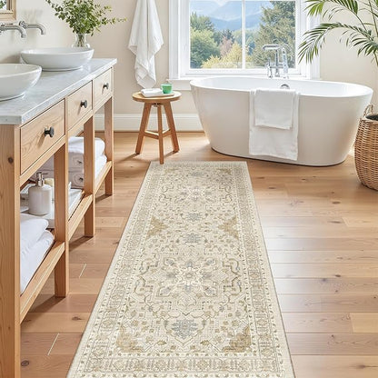 Madane Hallway Runner Rug - 2x5 Rug Runner Washable Runner Rugs Non-Slip Low-Pile Kitchen Runner Rug Laundry Room Rug Throw Carpet for Entrance Bedroom Living Room (2'x5', Beige/Blue)