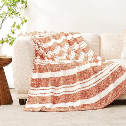 Snuggle Sac Orange Bedding Blanket Ultra Soft Microfiber, Warm Cozy Knit Blankets for Sofa, Bed, Living Room, Stripe Orange, 60x80 inches