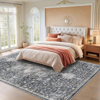 AMADA HOMEFURNISHING 10x14 Washable Area Rug, Low-Profile Large Area Rug with Non-Slip Backing & Durable Edge Binding, Vintage Large Rugs for Living Room, Bedroom & Dining Room