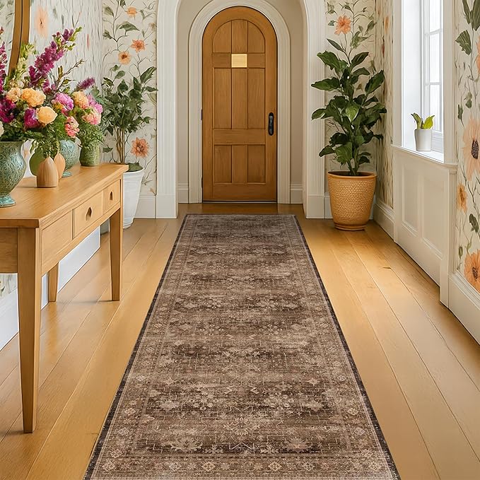 Brown Washable Long Runners for Hallways, 3x8 Wide Kitchen Runner Rug, Entryway Indoor Rug, Non Slip Rubber Backing Boho Vintage Dark Floor Decor