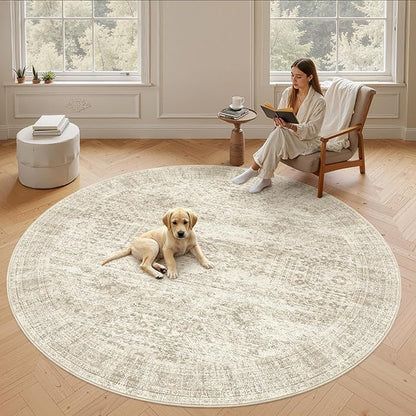 Soalmost 9x9 Beige Round Rug 9ft Living Room Circle Rug Vintage Round Area Rug Non Slip Indoor Carpet for Apartment