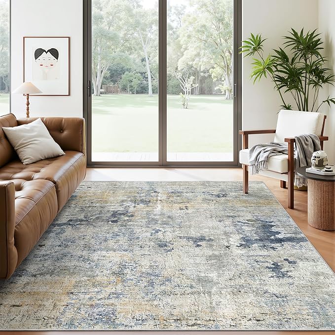 Abstract Rug 5x7 Machine Washable Area Indoor Blue Yellow Low Pile Non-Slip Foldable Thin Accent Rugs for Bedroom Living Room Dining Room
