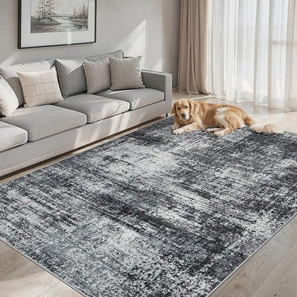 8x10 Area Rugs for Living Room - Washable Rug Modern Abstract Soft Large Neutral Non-Slip Carpet Indoor Floor Thin Carpets for Bedroom Dining Room Farmhouse Nursery Home Office Dark Black