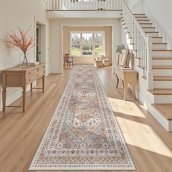 3x14 Runner Rug for Hallway, Non-Slip Long Kitchen Mats for Floor, Vintage Washable Rug for Entryway, Soft Hallway Runner for Dining Room, Bedroom, Living Room(Orange,3'x14')