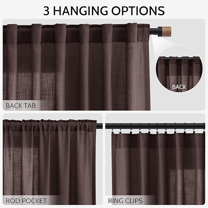 Coffee Brown Linen Curtains for Living Room 100 Inches Long Light Filtering Semi Sheer Curtain Back Tab Luxury Modern Rustic Home Decor Neutral Drapes for Bedroom Dinner Room 52x100, 2 Panels