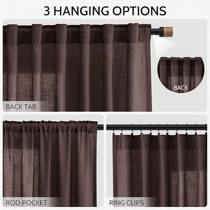 Coffee Brown Curtains 72 inch Length for Living Room/Study Room Back Tab Rod Pocket Linen Semi Sheer Modern Farmhouse Curtain Coastal Decor Cotton Textured Gauze for Dining Room Office 2 Panels