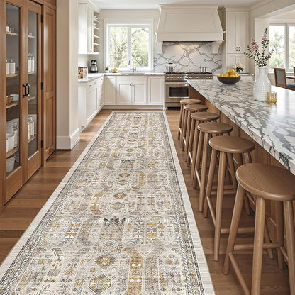 Madane Hallway Runner 3x14 - Runner Rugs 14ft Washable Entryway 14ft Rug Ruuner Vintage Kitchen Runners Non Slip Indoor Area Rug Farmhouse Carpet Runner for Bathroom Living Room Bedroom, Brown/Gold