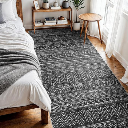 4x10 Washable Hallway Runner Rug：Moroccan Non-Slip Wide Runners for Entryway Kitchen Soft Modern Geometric Low-Pile Rugs for Living Room Thin Waterproof Carpet for Bedroom Bathroom Laundry(Black,4x10)