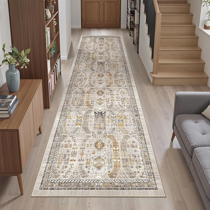 Madane Kitchen Runner Rug - 2x7 Runner Rugs with Rubber Backing Non Slip Vintage Washable Rug Runner Ultra-Thin Throw Carpet Runners for Hallways Bedroom Laundry Room(2'x7', Brown/Gold)
