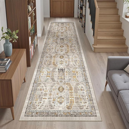 Madane Kitchen Runner Rug - 2x7 Runner Rugs with Rubber Backing Non Slip Vintage Washable Rug Runner Ultra-Thin Throw Carpet Runners for Hallways Bedroom Laundry Room(2'x7', Brown/Gold)