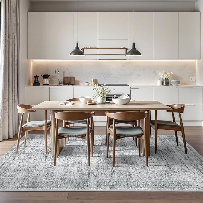 6x9 Rug for Living Room,Soft Low Pile Indoor Washable Rugs for Bedroom, Non-Slip Backing Vintage Large Area Rug, Printed Abstract Carpet(6'x9', Grey/Ivory)