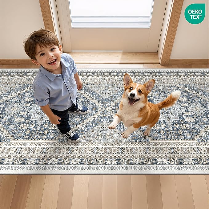 3x10 Runner Rug Non Slip Washable for Entryway, Front Porch, Vintage Hallway Runner for Laundry Room, Bedroom, Stain Resistant Thin Indoor Kitchen Mats for Floor(Blue/Beige,3'x10')