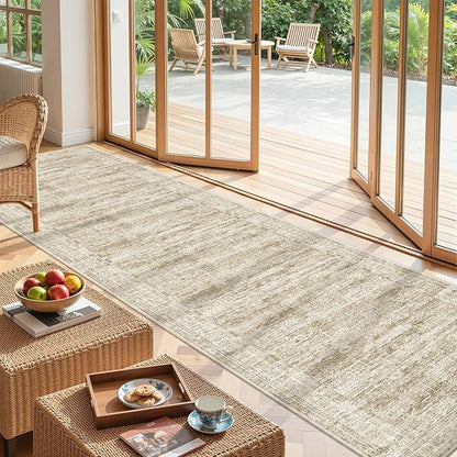 Washable Runner Rug 2.5x12, Non-Slip Long Bathroom Rugs Runner for Kitchen, Living Room, Bedroom, Soft Vintage Washable Rug for Entryway, Thin Floor Mat for Dining Room(2.5'x12', Brown/Ivory)