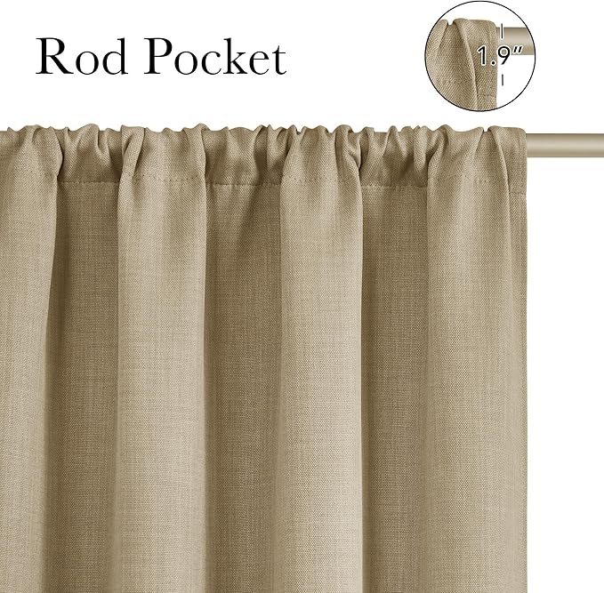 NICETOWN Oatmeal Faux Linen Room Darkening Rod Pocket Curtains 63 inch Length, W42 x L63, Light Blocking Thermal Insulated Noise Reducing Drapes for Bedroom Living Room Farmhouse Decor, 2 Panels