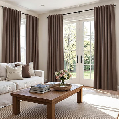 Guken Mocha Mousse 100% Blackout Linen Curtains 96 Inch Length 2 Panels Set for Living Room Bedroom Back Tab/Rod Pocket Thermal Insulated Farmhouse Black Out Drapes Room Darkening,52x96