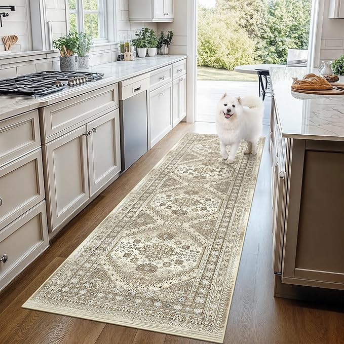Hallway Runner Rug 2x12, Extra Long Washable Runner Rugs with Rubber Backing, Non Slip Runner, Vintage Rug Runners for Kitchen Laundry Room Entryway (Brown,2'x12')
