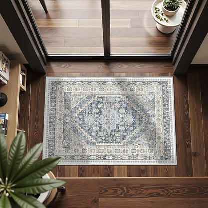 Entryway Rug - 2x3 Washable Rug Runner for Bathroom, Laundry Room, Kitchen, Soft Vintage Hallway Runner for Bedroom, Non-Slip Door Mat Indoor Entrance(Blue/Beige,2'x3')