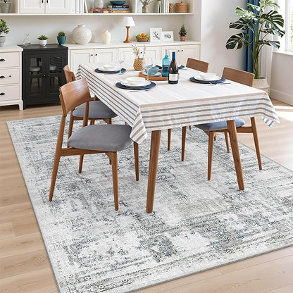 Madane Area Rugs 9x12 Living Room: Lagre Vintage Living Room Rug with Non-Slip Backing Low Pile Rugs Soft Indoor Floor Thin Carpet Non Shedding Carpets for Bedroom Dining Room Farmhouse Blue/Grey