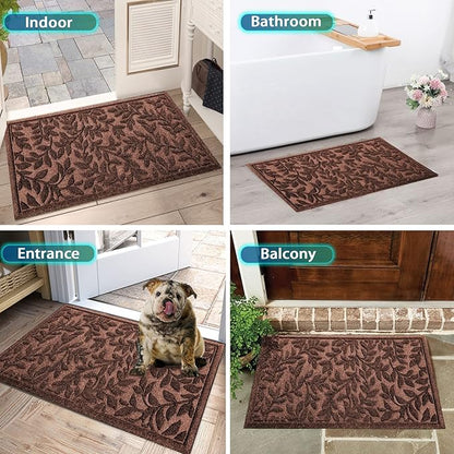 Bulijojo Sturdy Front Entrance Doormats,Durable Heavy Duty Welcome Mat,Thick Absorbent Natural Rubber Non Slip Mat,Easy Clean Entryway Mat 17x30 Inch Leaves Brown