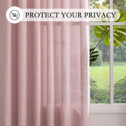 MYSKY HOME Extra Long Country Curtains for Sliding Glass Door Windows, Back Tab Semi Sheer Living Room Curtain Panels Ceiling to Floor Length Drapes Linen Texture Soft, 50 x 108 in, Pink, Set of 2